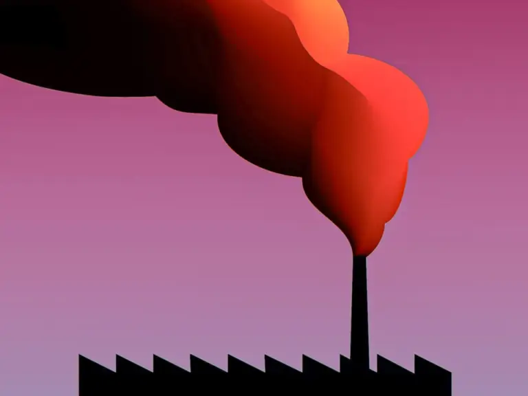 Illustration eines Fabrikschlots mit rotem Rauch vor violettem Himmel, darunter ein blauer Streifen.