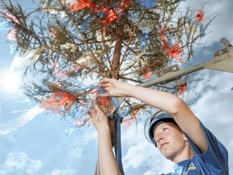 Ein junger Mann mit Helm greift von einer Leiter aus in einen Baum voller bunter Bänder.