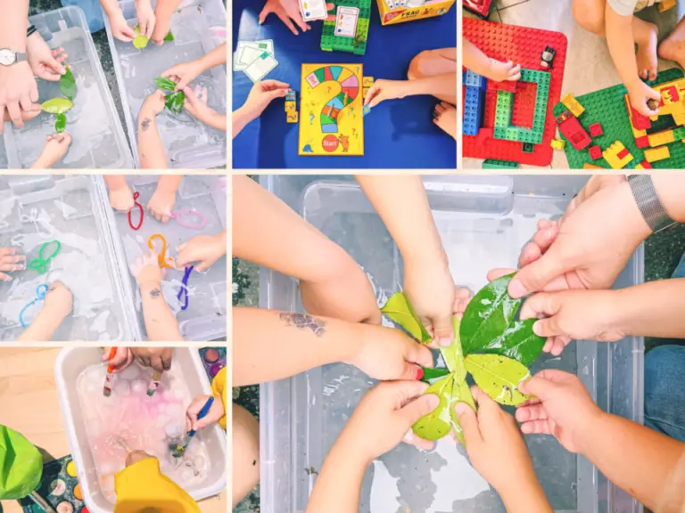 Bildcollage von Kinderhänden bei verschiedenen Aktivitäten wie Basteln, Spielen und Naturerkundung.