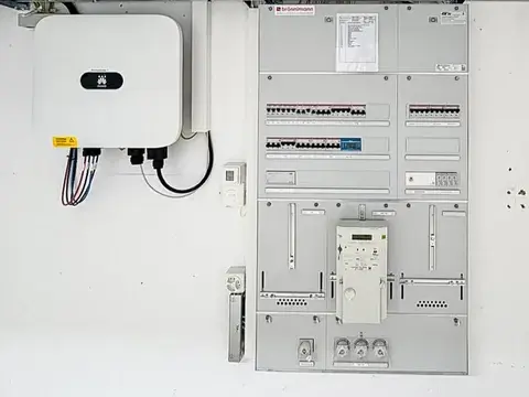 Elektrischer Schaltschrank mit Sicherungen und Zählern neben einem Wechselrichter an weisser Wand.