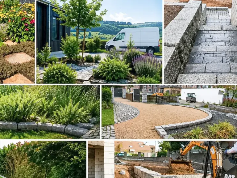 Collage aus Gartengestaltungen mit Teich, Beeten, Wegen, Trockenmauern und Baggerarbeiten.