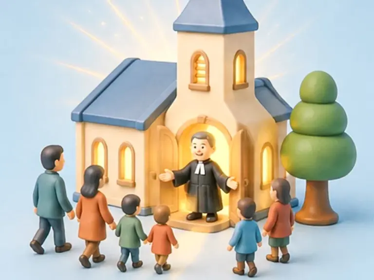 Illustration: Kinder und Erwachsene gehen auf eine leuchtende Spielzeugkirche zu, ein Geistlicher steht im Eingang.