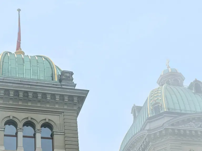 Kuppel eines historischen Regierungsgebäudes mit Türmchen, im Dunst vor blassem Himmel.