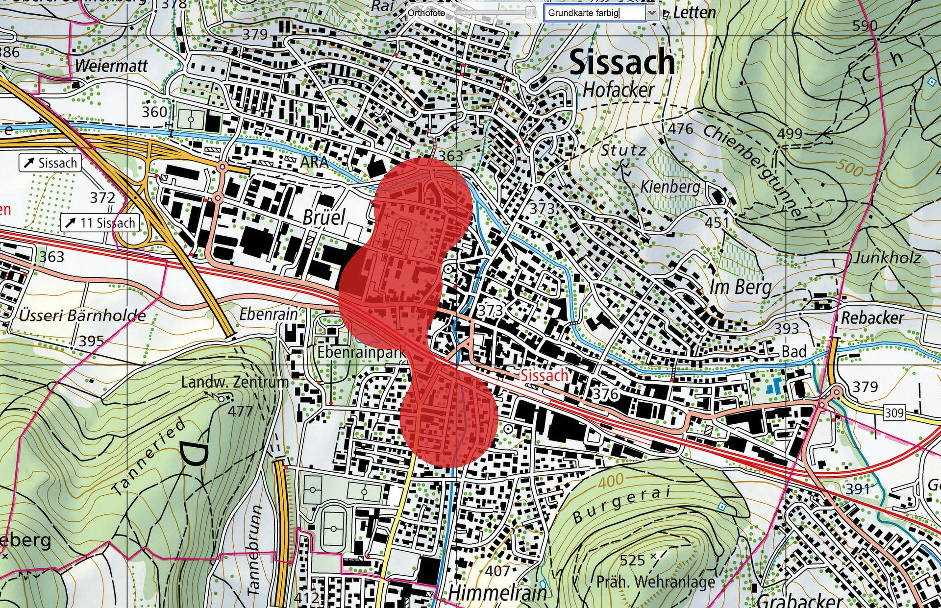 Topografische Karte von Sissach mit rot markiertem, länglichem Gebiet mitten im Ortskern.