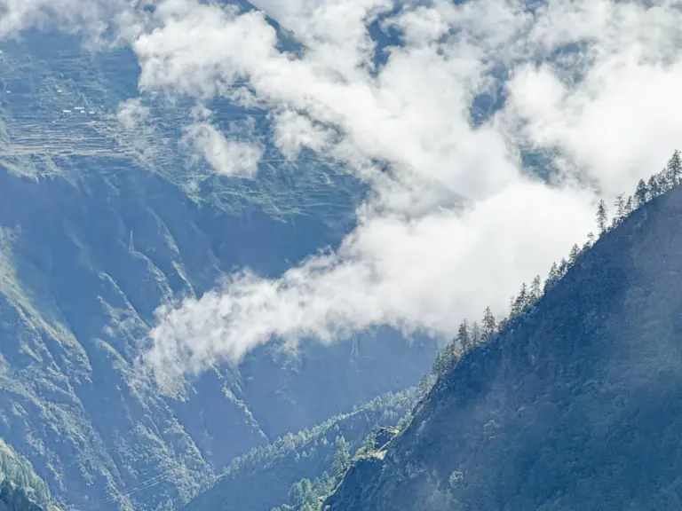 Wolken ziehen durch ein tiefes, bewaldetes Bergtal mit einem Flusslauf am Talboden.