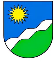 Vier gleiche Wappen mit gelber Sonne, weissem Fluss und grünem Hügel auf blauem Grund, in unterschiedlichen Schildformen.