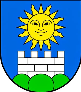 Wappen mit lächelnder gelber Sonne über einer weissen Mauer und grünen Hügeln auf blauem Grund.