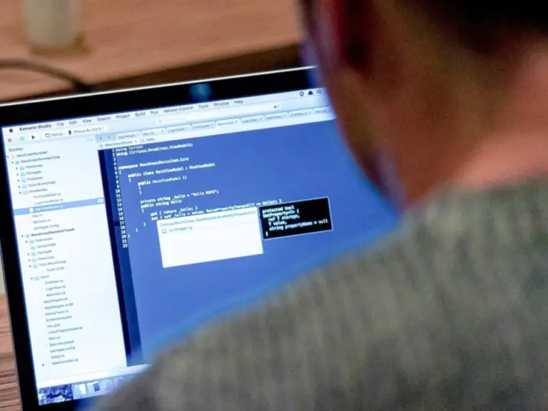 Eine Person blickt von hinten auf einen Laptop-Bildschirm mit Programmcode in einer Entwicklungsumgebung.