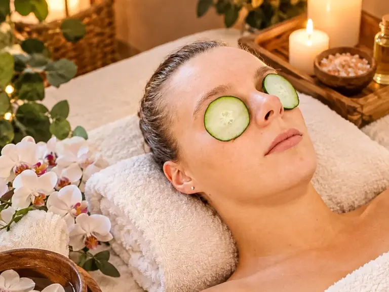 Eine Frau liegt entspannt mit Gurkenscheiben auf den Augen zwischen Kerzen und Blumen bei einer Wellnessbehandlung.