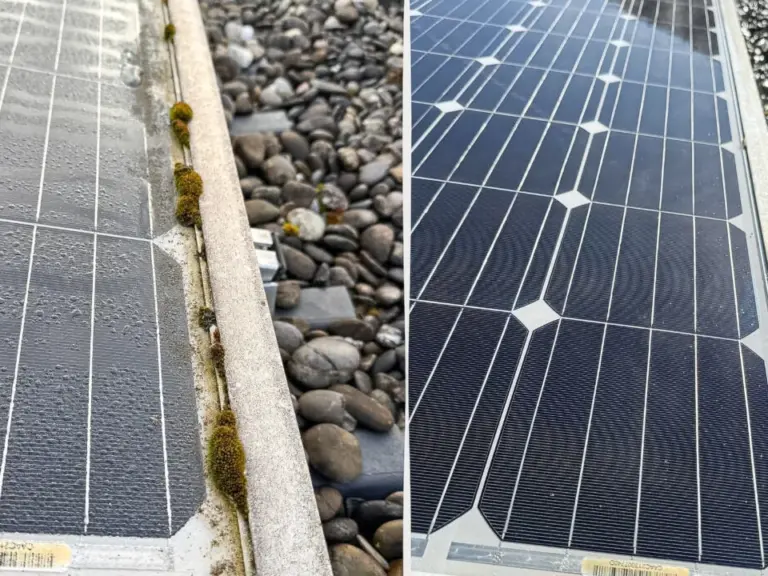 Vergleich zweier Solarmodule: links mit Moos und Ablagerungen bewachsen, rechts sauber und glänzend.