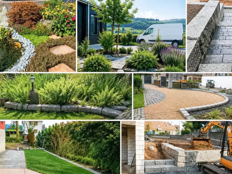 Collage mit gepflegten Gärten, Steinmauern, Wegen und einem Bagger bei Gartenbauarbeiten.