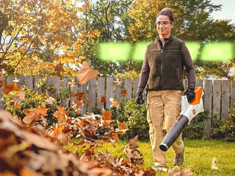 Eine Frau bläst mit einem Laubbläser herbstliches Laub über eine Rasenfläche in einem Garten.