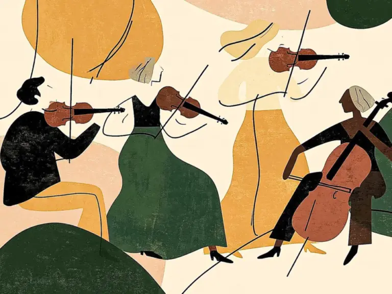 Illustration von vier Streichmusikern mit Geigen und Cello in stilisierten Farbflächen
